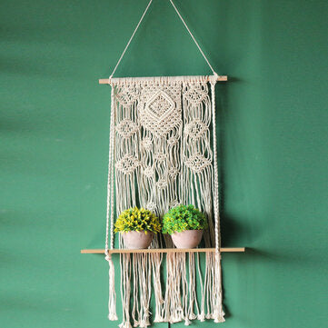 Wall Hanging Tapestry Rope Shelf Bohemian Handmade Wooden Floating Shelves Rack Home Office Decor Or