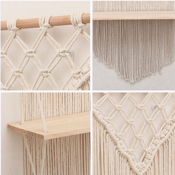 Hand-woven Macrame Bohemia Modern Rack Storage Rack Sling Wood Shelf for Wall Decoration