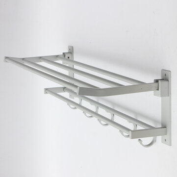 Bathroom Alumimum Folded Silver Bath Towel Shelf Washcloth Rack Holder With 5 Hooks Storage Rack