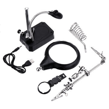 2.5X/7.5X LED Light Soldering Iron Stand Holder Helping Hands Magnifying Glass Magnifier USB Chargin