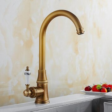 Retro Antique Brass Kitchen Sink Faucet Single Handle Rotation Spout Deck Cold and Hot Water Mixer T