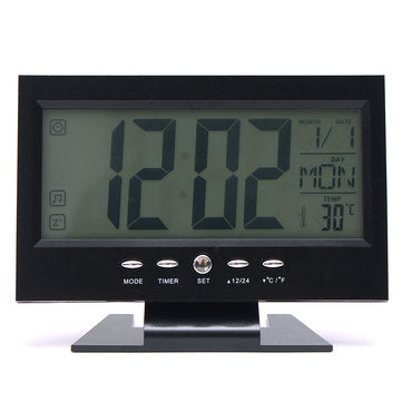 LCD Digital Table Clock + Calendar Temperature Alarm Sound Sensor Light Up Black