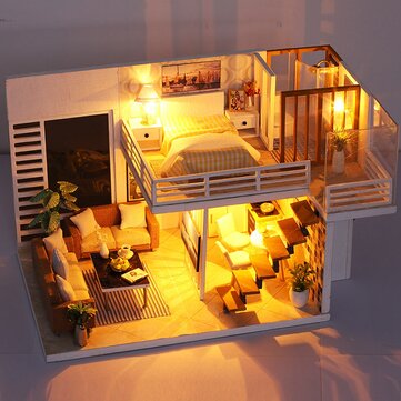 DIY Mini Dollhouse Kit Wooden Furniture Kit Handmade Miniature House with LED Light Assembling Doll
