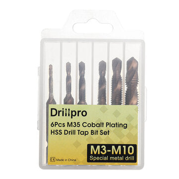 Drillpro 6Pcs M3-M10 M35 Cobalt Plating HSS Hex Shank Spiral Groove Drill Tap Bit Set Co-HSS Metal T
