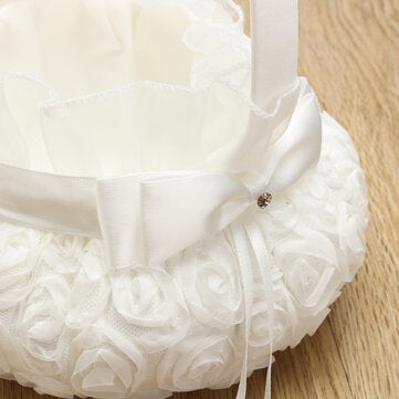 White Romantic Storage Rose Flower Baskets Bowknot Satin Wedding Ceremony Party Girl
