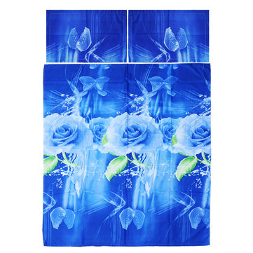 3PCS 200 x 230cm 3D Blue Rose Printed Bedding Pillowcase Quilt Cover Bedding Sets Queen Size