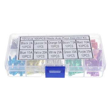 100pcs Mini Auto Fuse 10 Value Car Fuse Blade Kit Assortment with Box 2A 3A 5A 7.5A 10A 15A 20A 25A
