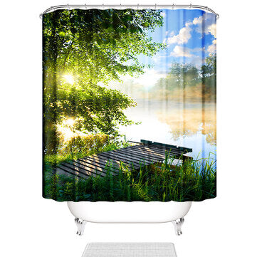 Fishing Pier By River Printed Pattern Bathroom Shower Curtain Pede... (MAT PACKAGE: 1*SHOWERCURTAIN)
