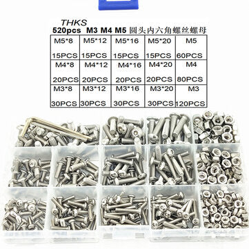 Suleve MXSH10 520Pcs Stainless Steel Hex Socket Round Head Screws Nuts Assortment Set M3 M4 M5