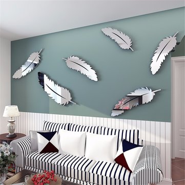 Silver Feather DIY 3D Mirror Wall Sticker Mural For Home And Bedroom Decoration