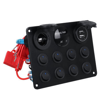 8 Gang 12V Switch Panel 11x15cm For Caravan RV Yacht Blue LED Dual USB + Display