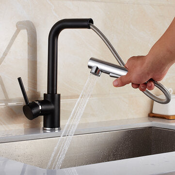 Modern Pull Out Spray Kitchen Sink Faucet Basin Mixer Tap 360 Rotate Single Hole Brass Black