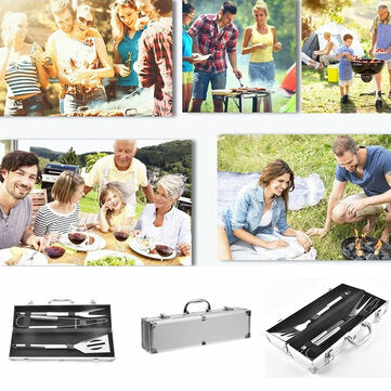 3PCS BBQ Grill Tool Set Cooking Utensils Stainless Steel Barbeque Portable Case