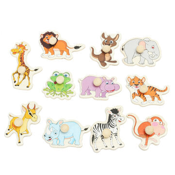 Wooden Animal Early Education Puzzle Toy Preschool Teaching Tool with Small Rounded Handle Easily Gr
