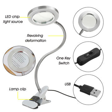 USB LED Magnifying Glass Desk Lighting 8X Magnifier Lamp Bendable Beauty Makeup Tattoo Light R