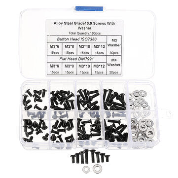 Suleve M3CH8 M3 Carbon Steel Hex Socket Flat Head Button Head Screws Flat Washers Assortment 180p