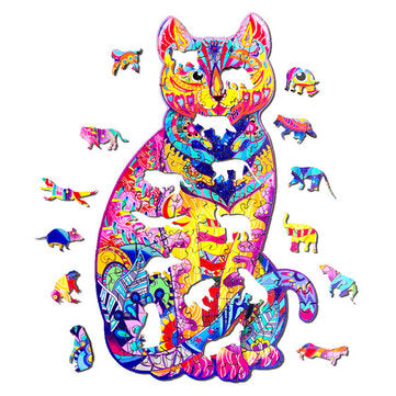 Wooden Cat Jigsaw Puzzle DIY Unique Shape Pieces Animal Gift Mysterious Early Education Toys for Chi