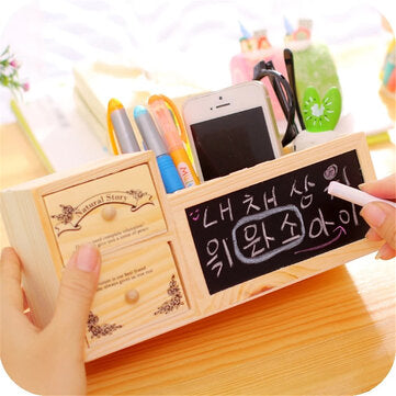 Wooden Pen Holder Pencil Container with 2 Layers Drawer Small Blackboard Student Organizer School Of