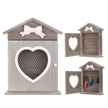 House Heart Shaped Key Box European Style Retro Wood Wall Hanging Key Storage Cabinet Wall Mounted w