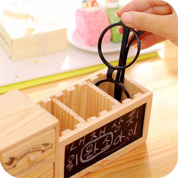 Wooden Pen Holder Pencil Container with 2 Layers Drawer Small Blackboard Student Organizer School Of