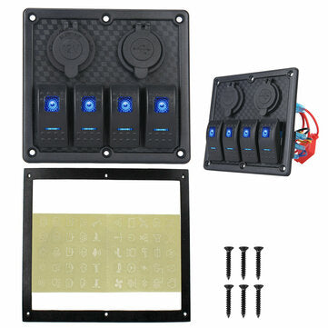 4 Gang 12/24V Switch Panel for Car Boat Marine LED Dual USB ON-OFF Toggle Rocker
