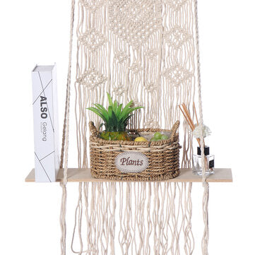 Wall Hanging Tapestry Rope Shelf Bohemian Handmade Wooden Floating Shelves Rack Home Office Decor Or