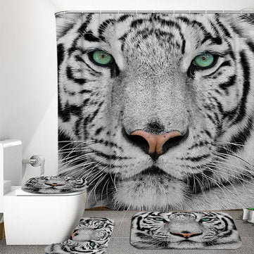 4PCS White Tiger Animal Style Shower Curtain Bathroom Carpet Rug Toilet Cover Mats Dec... (SIZE: #3)