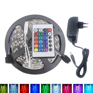 5M 3528 24W RGB 300 Non-Waterproof LED Flexible Strip Light 24 Keys IR Remote + Po... (PLUG: EUPLUG)