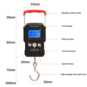 WH-A23 Portable 50Kg/10g LCD Digital Display Backlight Hanging Hook Scale Double Accuracy Fishing Tr