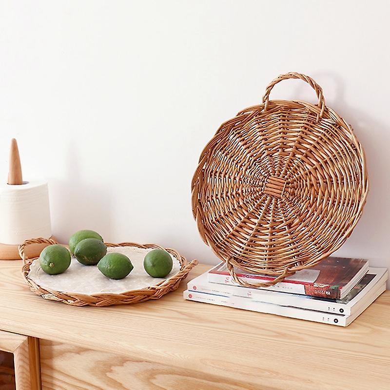Rattan Round Storage Tray Woven Picnic Basket Snack Tray with Handle