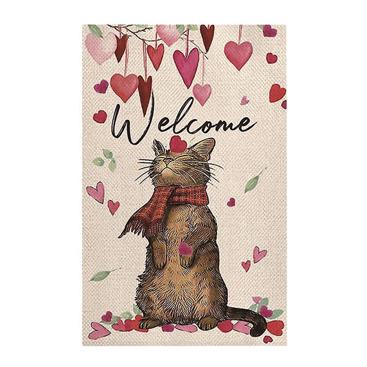 Welcome Love Heart Cat Valentine's Day Garden Flag Party Yard Decor