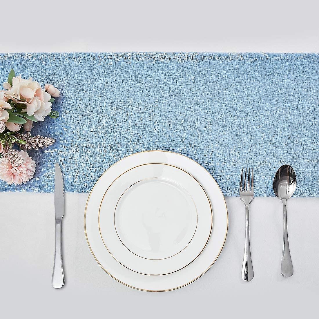 12 X108inch Sky Blue Sequin Table Runner, Tablecloth for Party Decor