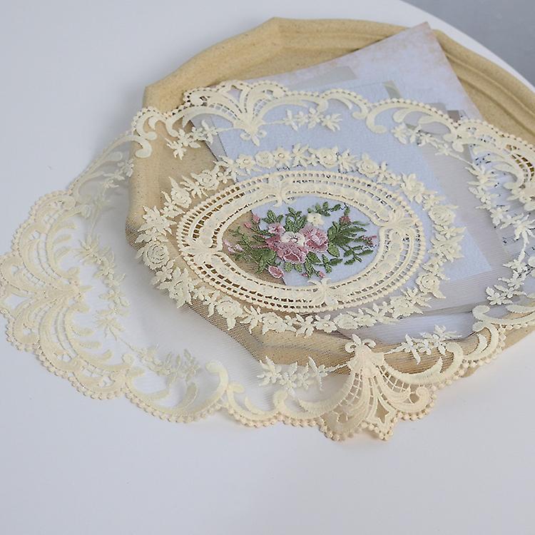 European Oval Embroidered Lace Fabric Transparent Table Mat Beige