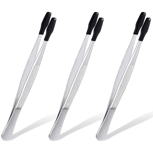 3pcs Stainless Steel Tweezers Flat Tips Coated Tweezers -black