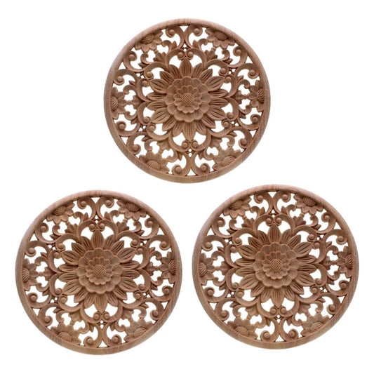 3x Carved Flower Carving Round Wood Appliques Figurine