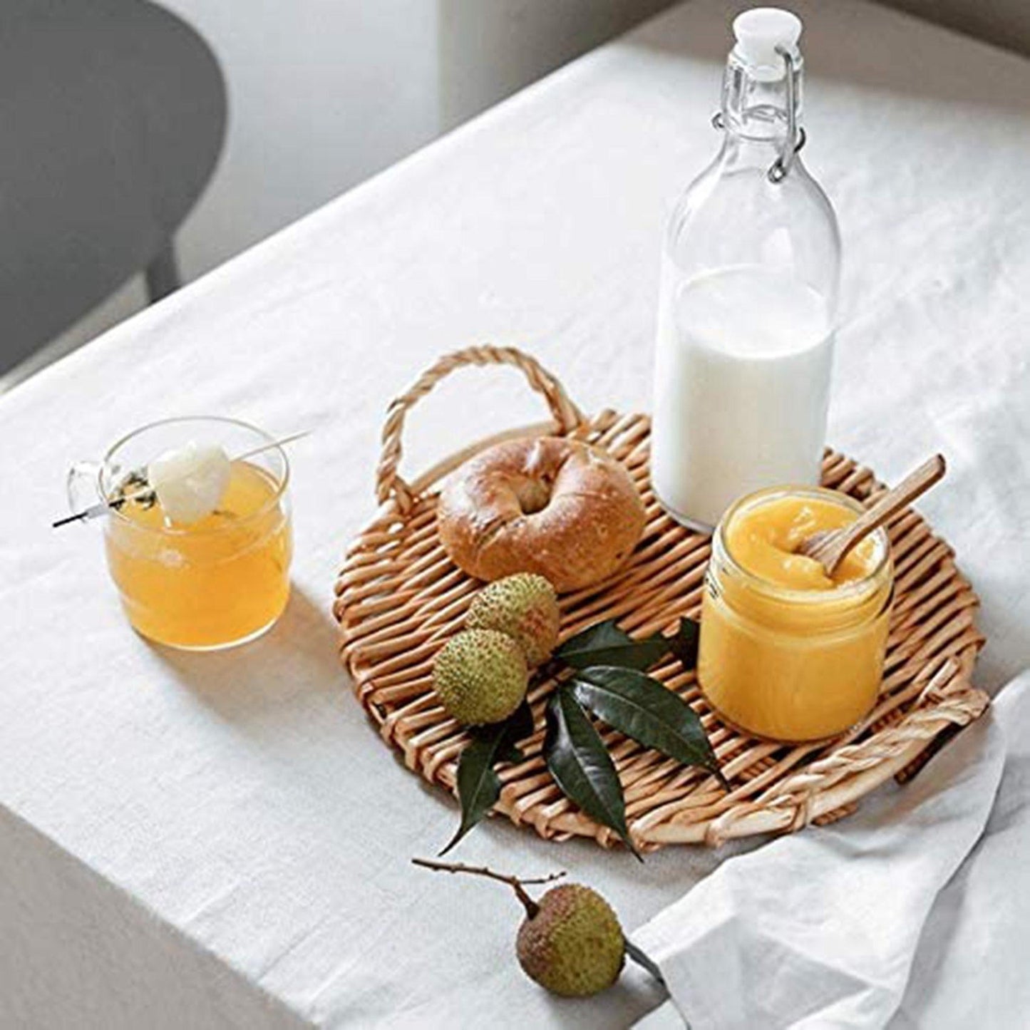 Rattan Round Fruit Tray with Handle Storage Tray Pastoral Rattan Tray