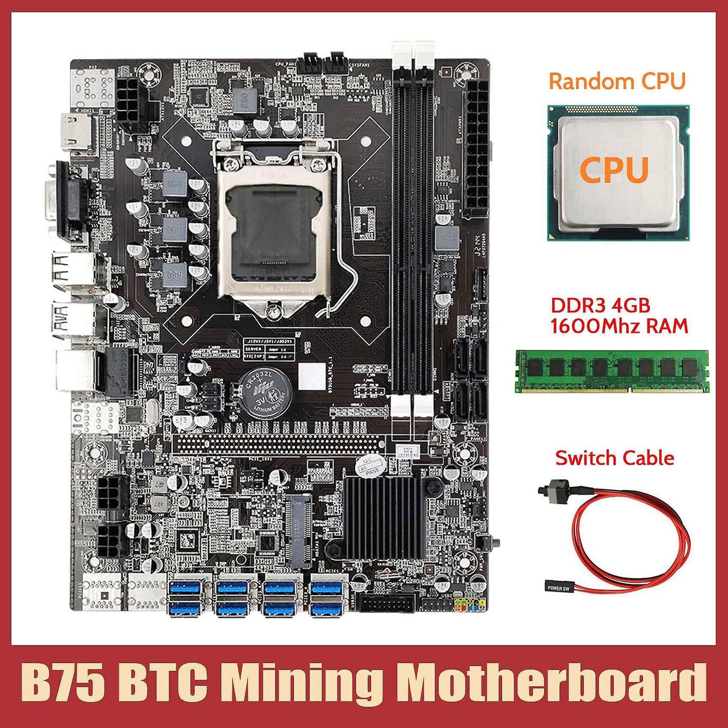 B75 Eth Mining Motherboard+cpu+ddr3 4gb 1600mhz Ram+switch Cable