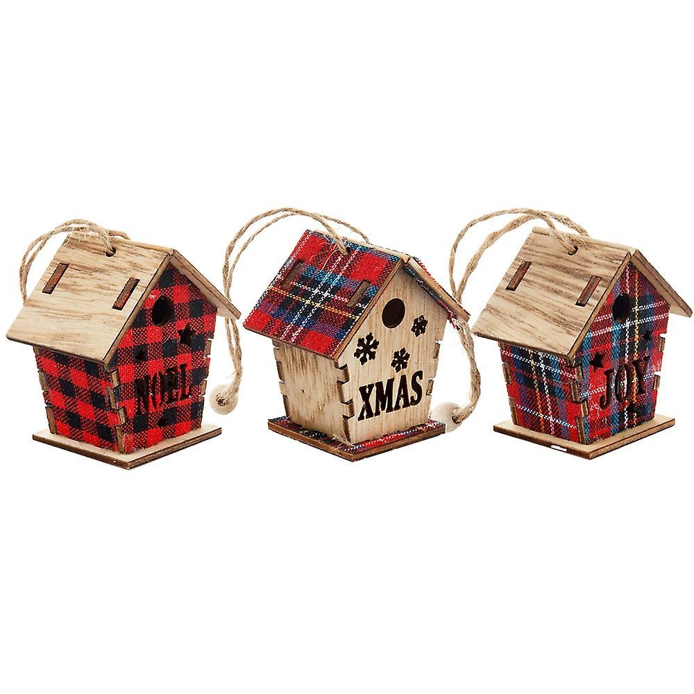 3 Pcs Christmas Hanging Ornament Wooden Cabin Shape Hollow Design , A