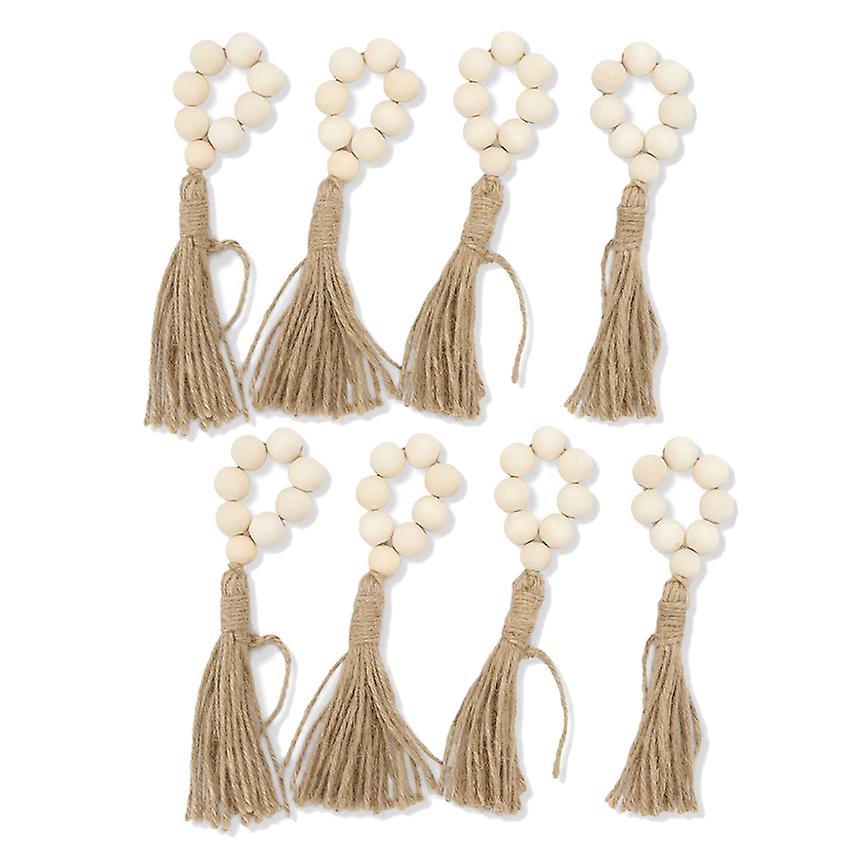 8pcs Tassels Wooden Bead Handmade Napkin Buckles Farmhouse White