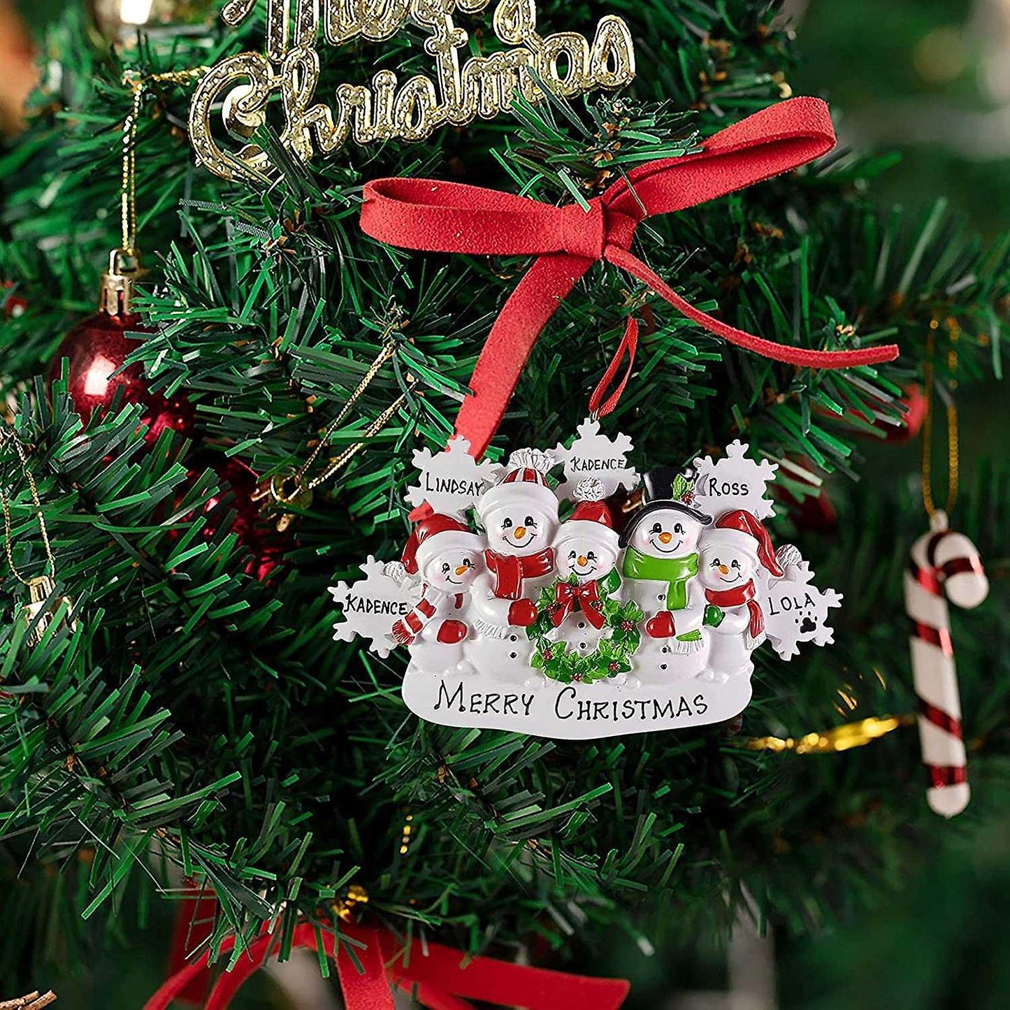 Personalized Snowman Family Of 5, Christmas Tree Ornament - Snowman