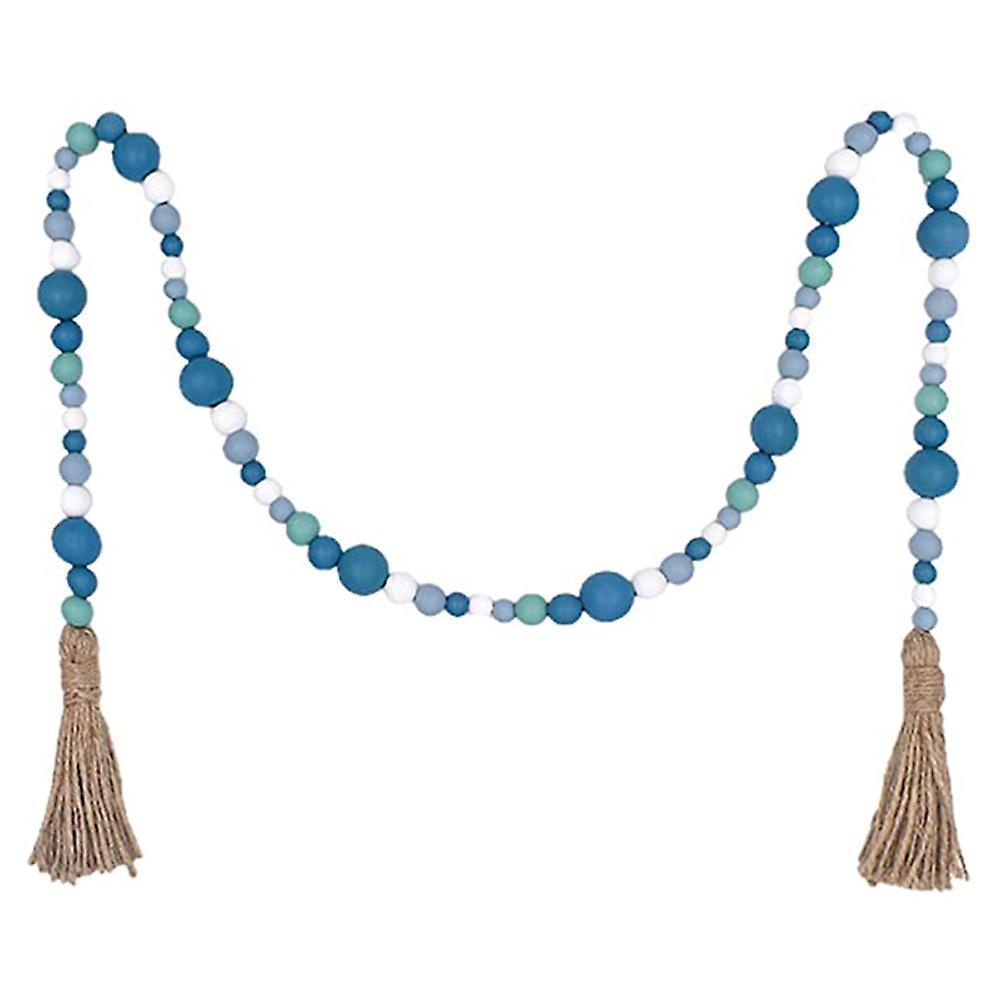 Blue Wood Bead Wreath, Nautical Farmhouse Country Style Beaded