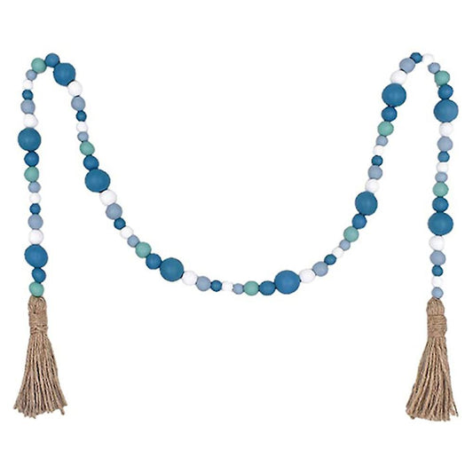 Blue Wood Bead Wreath, Nautical Farmhouse Country Style Beaded