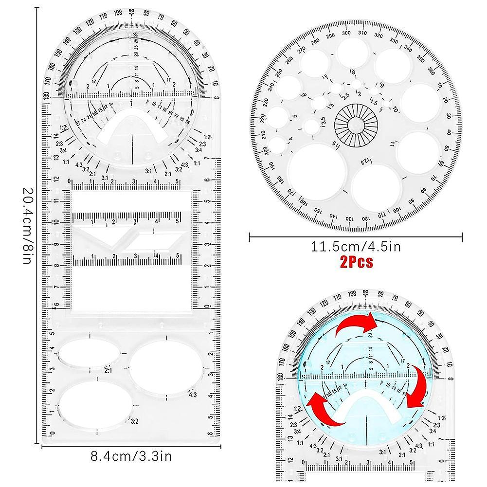 4 Piece Multifunctional Geometric Ruler Set, with 2 Circle Templates