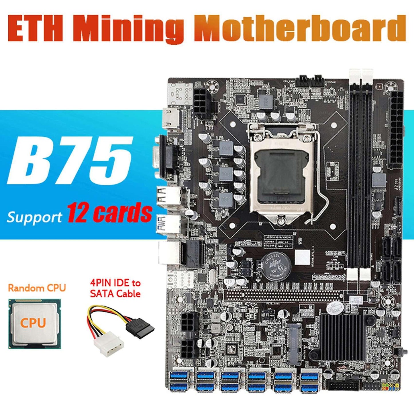 B75 Eth Mining Motherboard with Cpu+4pin Ide to Sata Cable