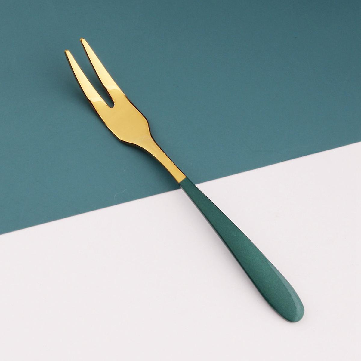 5pieces Of 5inch Stainless Steel Fruit Fork Two Tooth Fork Dark Green