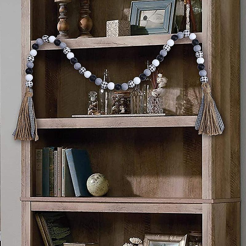 Farmhouse Wood Bead Garland, with Jute Rope Buffalo Plaid Ribbon