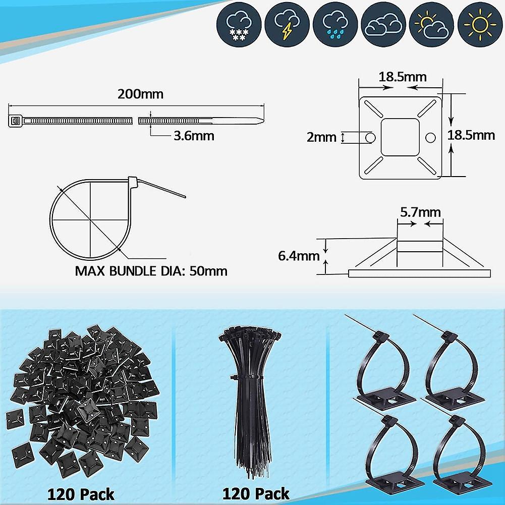 120 Pcs Black 8inch Zip Ties Cable Tie Holder, Cable Tie Holder