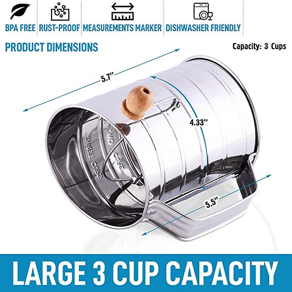 3 Cup Stainless Steel Flour Sifter - Hand Crank Flour Sifte