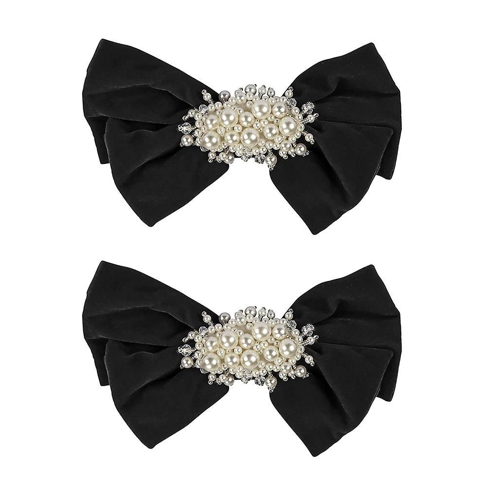 2pcs Bowknot Pearl Clip Headdress Sweet Girl Heart Hairpin (black)