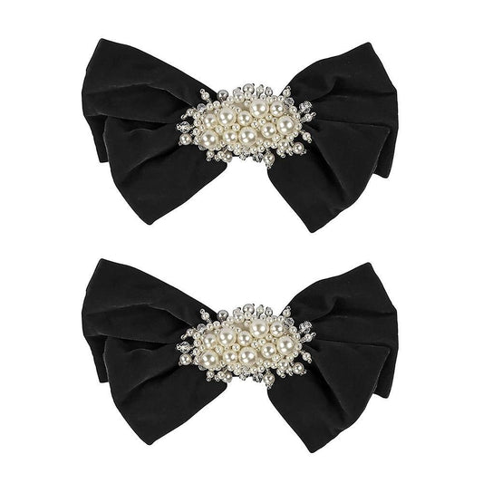 2pcs Bowknot Pearl Clip Headdress Sweet Girl Heart Hairpin (black)